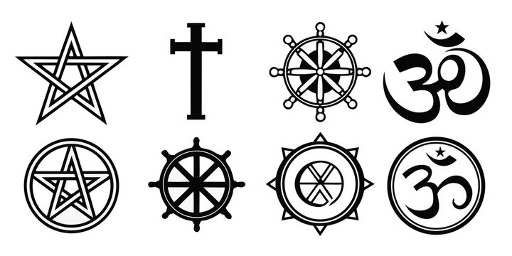 Twelve black silhouette of religious symbols including star, cross, wheel, and moon