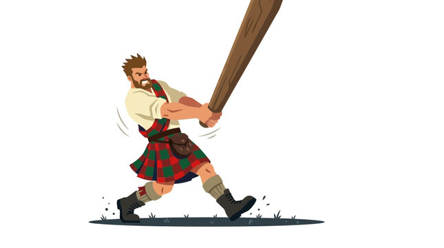 Cartoon illustration of a fierce Scottish Highlander man wearing a kilt swinging a heavy wooden club.