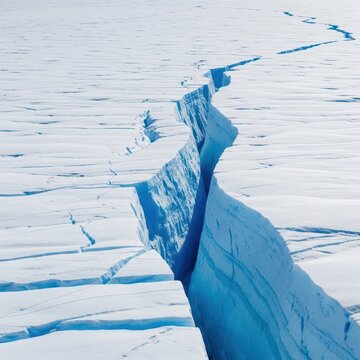 A sweeping panoramic view of a massive, rugged ice cap with deep blue crevasses cutting across the pristine white surface, icecap, crack, change