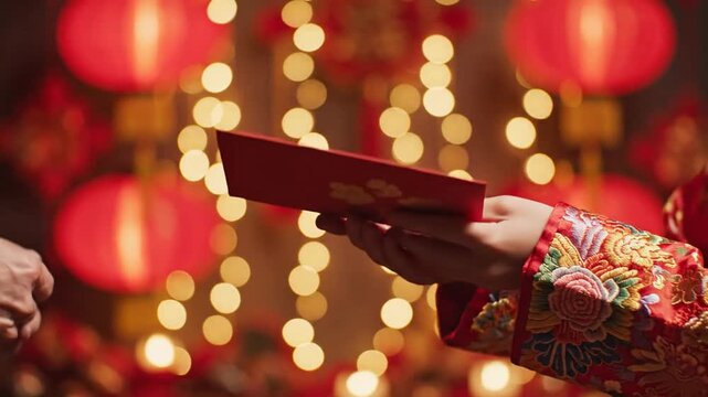 Giving red envelopes during Lunar New Year festival celebration.