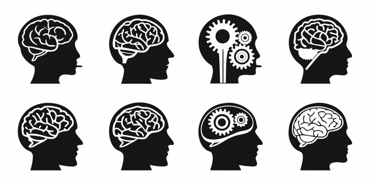 Set of eight black silhouette brain with detailed neural patterns brain neural pattern