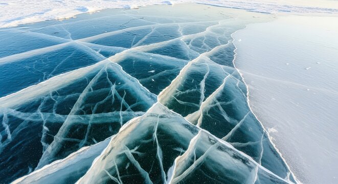 Detailed abstract pattern of thick, fractured winter ice covering a large freshwater lake surface during the intense cold season, showing texture, deep, blue, cold