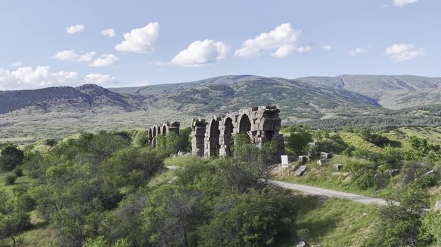 Aerial View of Ancient Aqueducts in Pisidia Ancient City Yalvac Isparta Turkey with Historic Roman Architecture and Archaeological Heritage