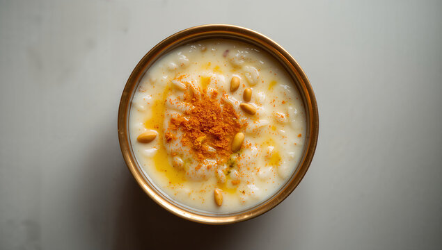 Bowl of traditional indian payasam dessert with saffron traditional vegetarian delicacy delicious culinary homemade indianfood gastronomy refreshing breakfast photography composition