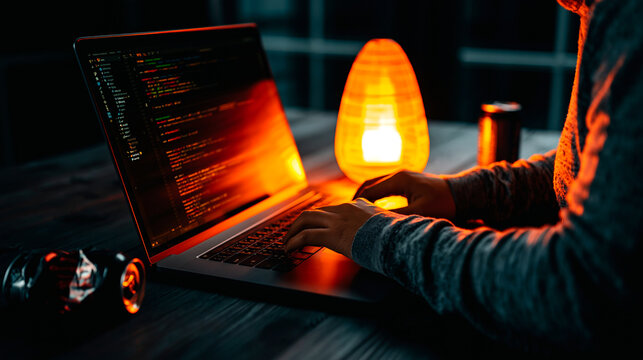 Person typing on laptop computer displaying lines of code with orange ambient light from a lamp