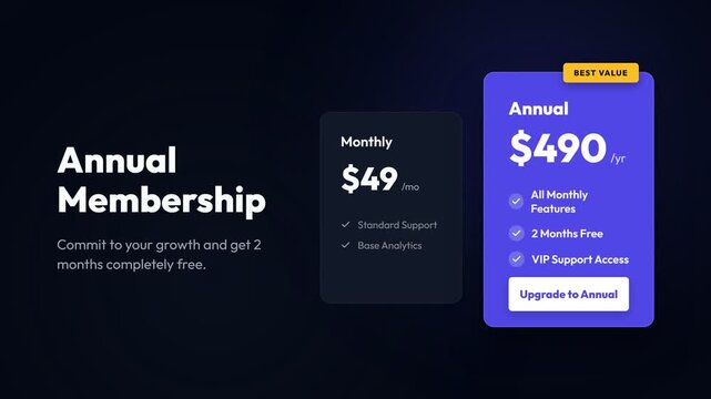 Pricing plan, annual membership subscription with monthly and yearly options, financial growth and savings, symbolizing business and investment.