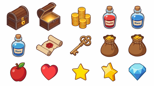 Isometric Game Assets Collection for Fantasy Adventure RPG Interface.