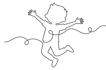 Fototapeta premium Jumping children continuous one line drawing minimalist style isolated outline vector illustration