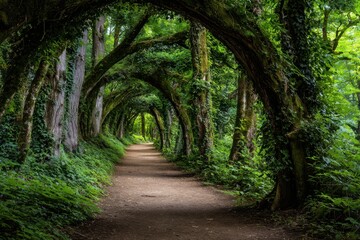 Naklejka premium A serene woodland pathway surrounded by lush green trees and intertwining branches forming natural archways under a vibrant forest canopy in daylight