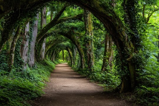 A serene woodland pathway surrounded by lush green trees and intertwining branches forming natural archways under a vibrant forest canopy in daylight