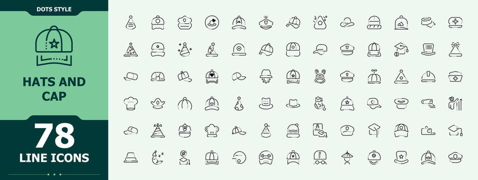 Hats And Cap icon pack. Contains outline symbols like man, fashion, hat, illustration and more. Cap line icon set. Minimalist icons collection. Editable vector.