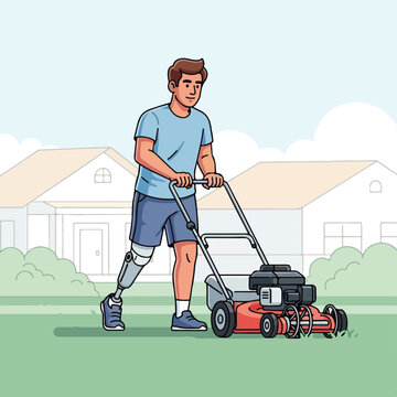 Man with prosthetic leg mowing lawn in front of houses