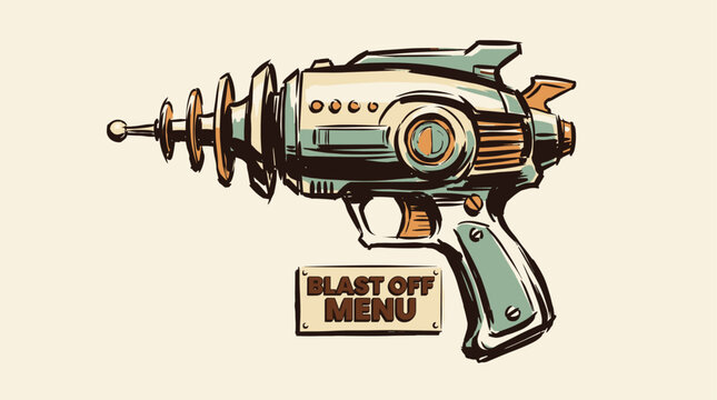 Retro ray gun design. Blast off menu artwork. Vintage space weapon.