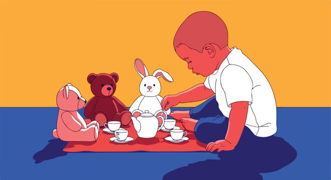 Child having tea party with stuffed animals on floor