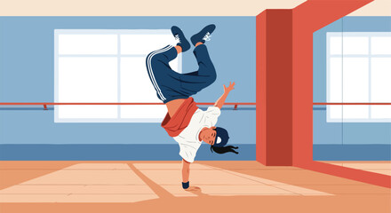 Obraz premium Person breakdancing on one hand in a dance studio with windows