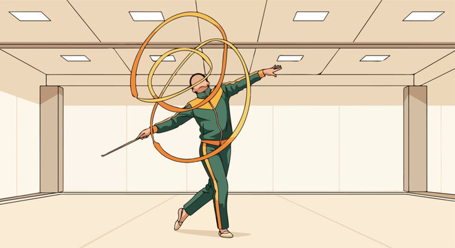 Athlete performs rhythmic gymnastics with a ribbon in a gymnasium