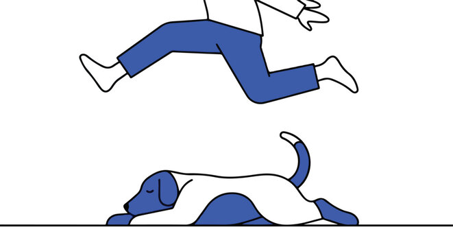 Person running overhead while dog rests below on ground