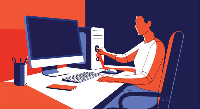 Person interacting with computer workstation at desk