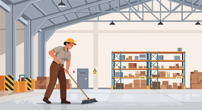 Warehouse worker sweeps floor, organized shelves with boxes and supplies