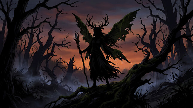 Dark fantasy creature in forest.