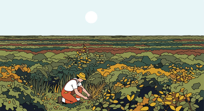Farmer in field harvesting crops under a bright sun