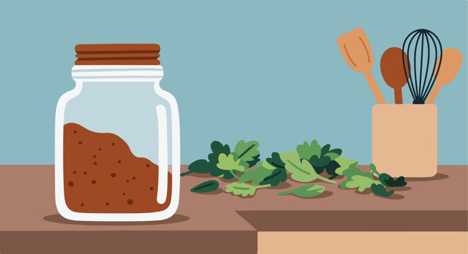 Jar of spices and fresh greens with kitchen utensils on a counter