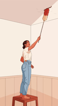 Woman on stool dusting ceiling in room