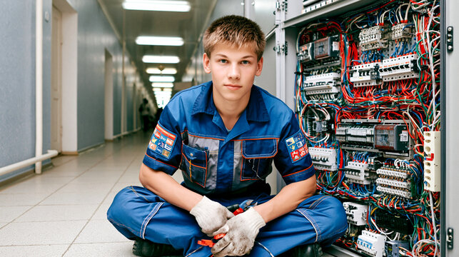 Young male technician in blue uniform with gloves and tool works on an open electrical panel with many wires.