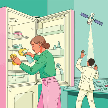 Woman cleaning refrigerator while man interacts with satellite control panel