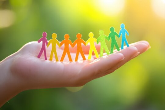 Hand holding colorful paper cutout people representing unity diversity and community support against a bright nature background with sunlight rays