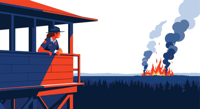Forest ranger watches wildfire from observation tower