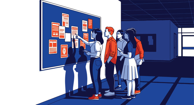 Group of people looking at notices on a bulletin board indoors