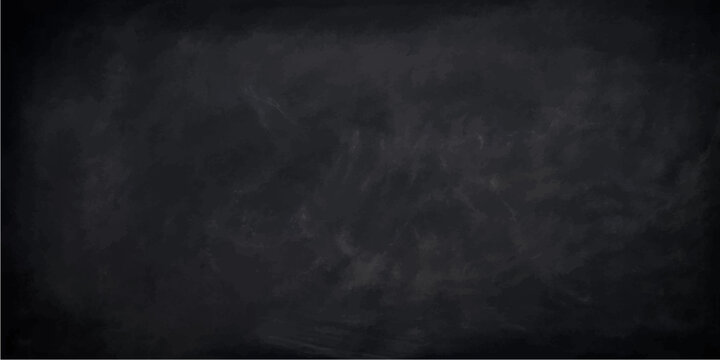 Grunge dark black chalkboard texture background with chalk dust, vintage aged empty blackboard wall surface, grey concrete board pattern backdrop