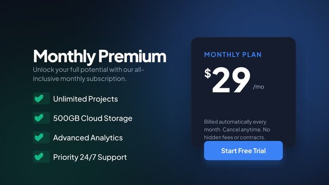 Pricing plan comparison, detailed subscription features, business and technology setting, seamless loop, symbolizing cost-effective solutions for business.