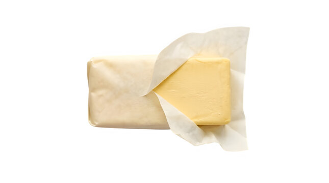 Block of creamy butter partially unwrapped from its paper packaging isolated on transparent background 