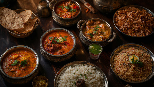 Assorted traditional indian curries and basmati rice served with naan bread traditional restaurant authentic delicious nutrition vegetarian culinary homemade ingredients oriental background