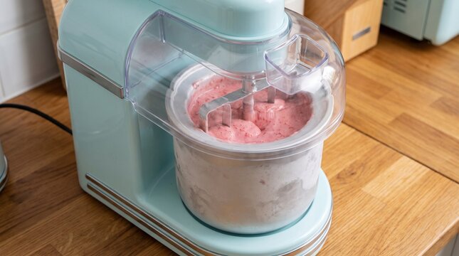Retro ice cream maker churning strawberry frozen dessert in kitchen