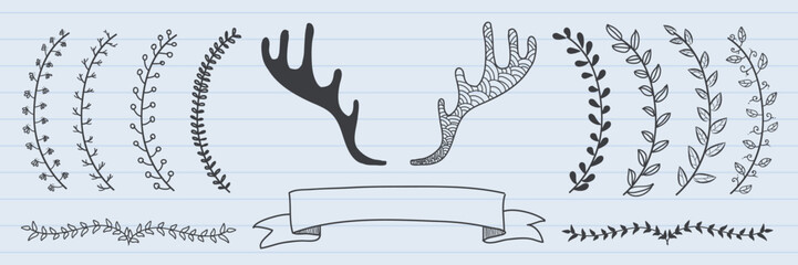 Fototapeta premium Vector illustration of antlers, laurel branches, and a blank banner on lined paper.