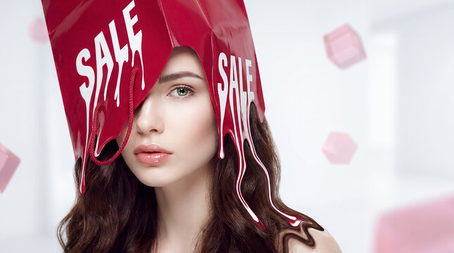 sale melting red liquid beauty model discount retail surreal glossy red sale form drips around model creating memorable bargain surrealism and urgent promotional mood for flash sale banners fashion