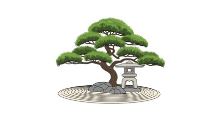 Japanese zen garden with pine tree and stone lantern © Alfianto