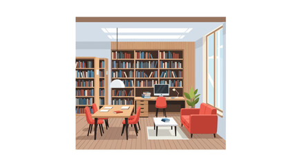 Modern library interior with bookshelves and comfortable furniture © Alfianto