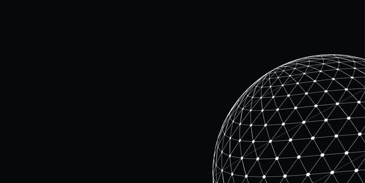 Abstract Wireframe Sphere Corner with Connected Dots Network Grid on Black Background