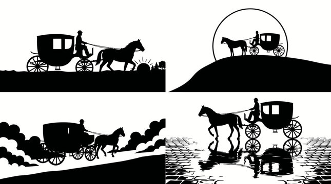 Set of silhouettes featuring horse drawn carriages in various landscape scenes.