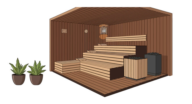 Wooden sauna interior with tiered benches and heaters