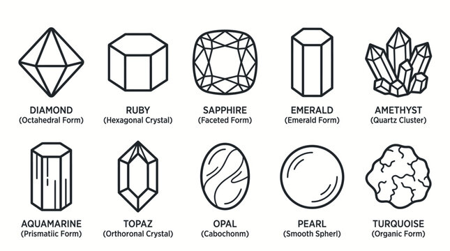 Set of ten different precious gemstones and crystals in line art style.