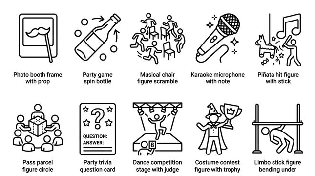 Set of ten icons representing various party games and fun group activities.