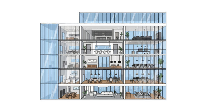 Modern glass office building interior cross section