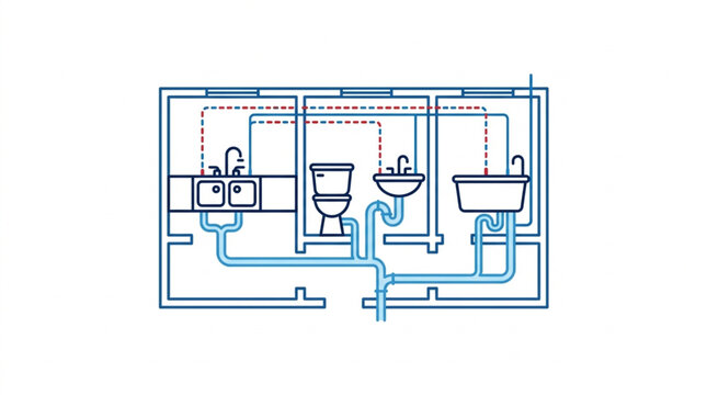 Plumbing system diagram for a bathroom with sink toilet and shower.