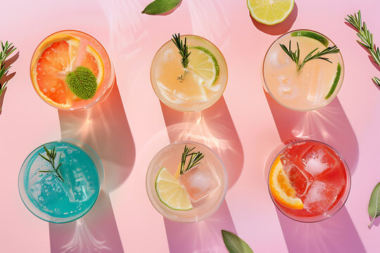 Colorful Summer Cocktail Flat Lay Grid Top View with Harsh Sunlight Shadows for Party Drink Menus, Bar Summer New Releases and Cold Drink Brand Social Media Marketing