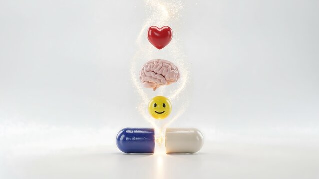 Mental health medication concept with pills brain heart and smiley face representing emotional wellbeing